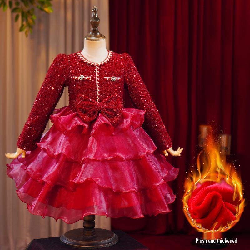 

Girls Long-Sleeve Fleece-Lined Princess Dress with Puffy Skirt – Warm & Stylish Children s Birthday Outfit 120 cm