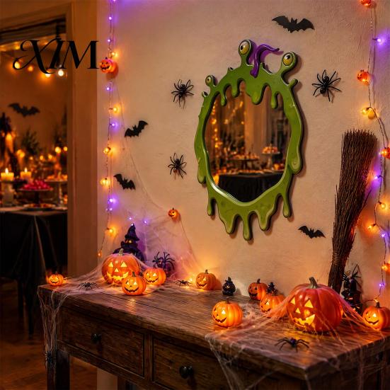Hexen Ästhetik Wandkunst Halloween Dekoration Spiegel aus Holz, Kürbis Geist Fledermaus Hexe Cartoon Spiegel Dekoration, Lustig für Eingangsbereich Party, Festlich