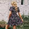 Women Chic Floral Print Loose Dress V Neck Short Sleeve Spring Autumn Fashion S-XL