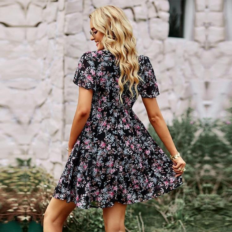 Women Chic Floral Print Loose Dress V Neck Short Sleeve Spring Autumn Fashion S-XL
