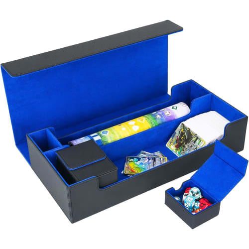 Large Capacity Deck Case, Playmat Case, Trading Card Case, Magnetic Loader, Storage Box for 600 Cards, PU Leather (Black & Blue)