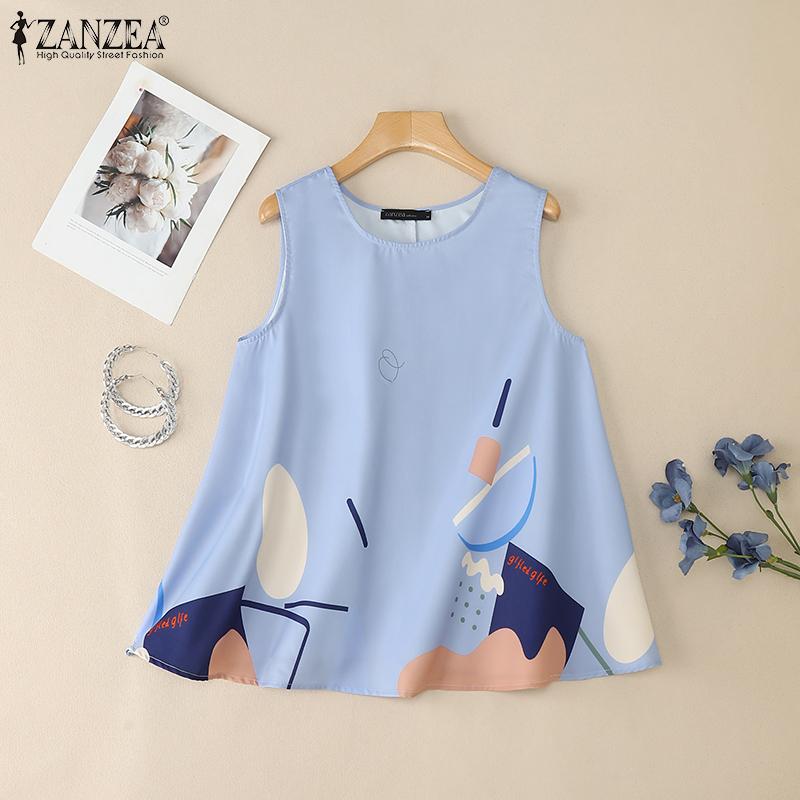 ZANZEA Женские повседневные летние майки без рукавов с круглым вырезом и принтом