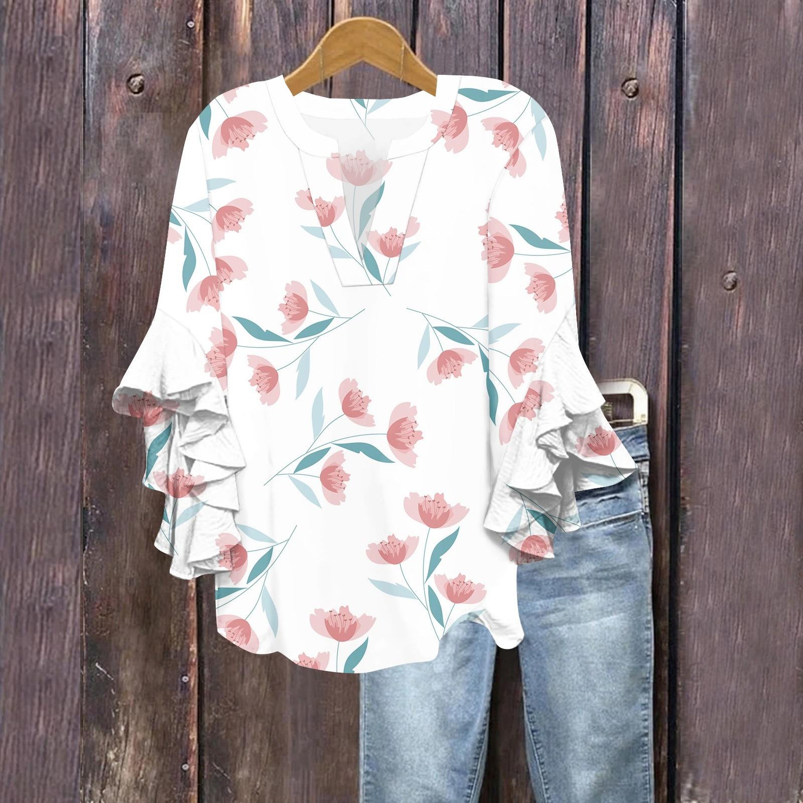 

Літні топи для жінок Милі блузки з V-подібним вирізом та рукавом 3/4 Топ з квітковим принтом Повсякденні сорочки XL рожевий