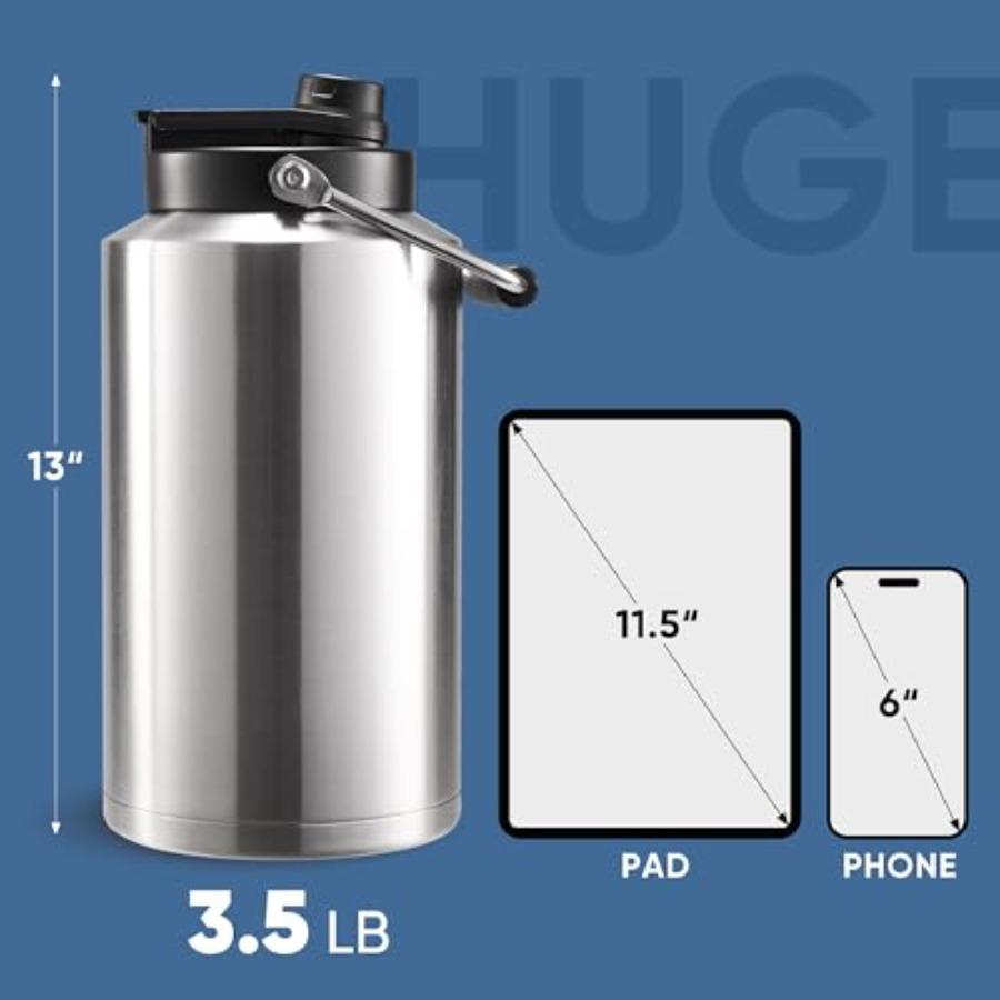 One Gallon Insulated Water Bottle for Travel: 2-in-1 Straw and Spout Lid Keep Cold 24Hrs Leakproof 128oz Water Jug With Handle