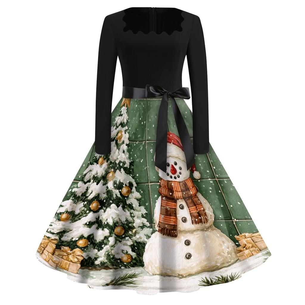 Women's Casual Retro Square Neck Dress with Halloween Print for Party and Daily Wear