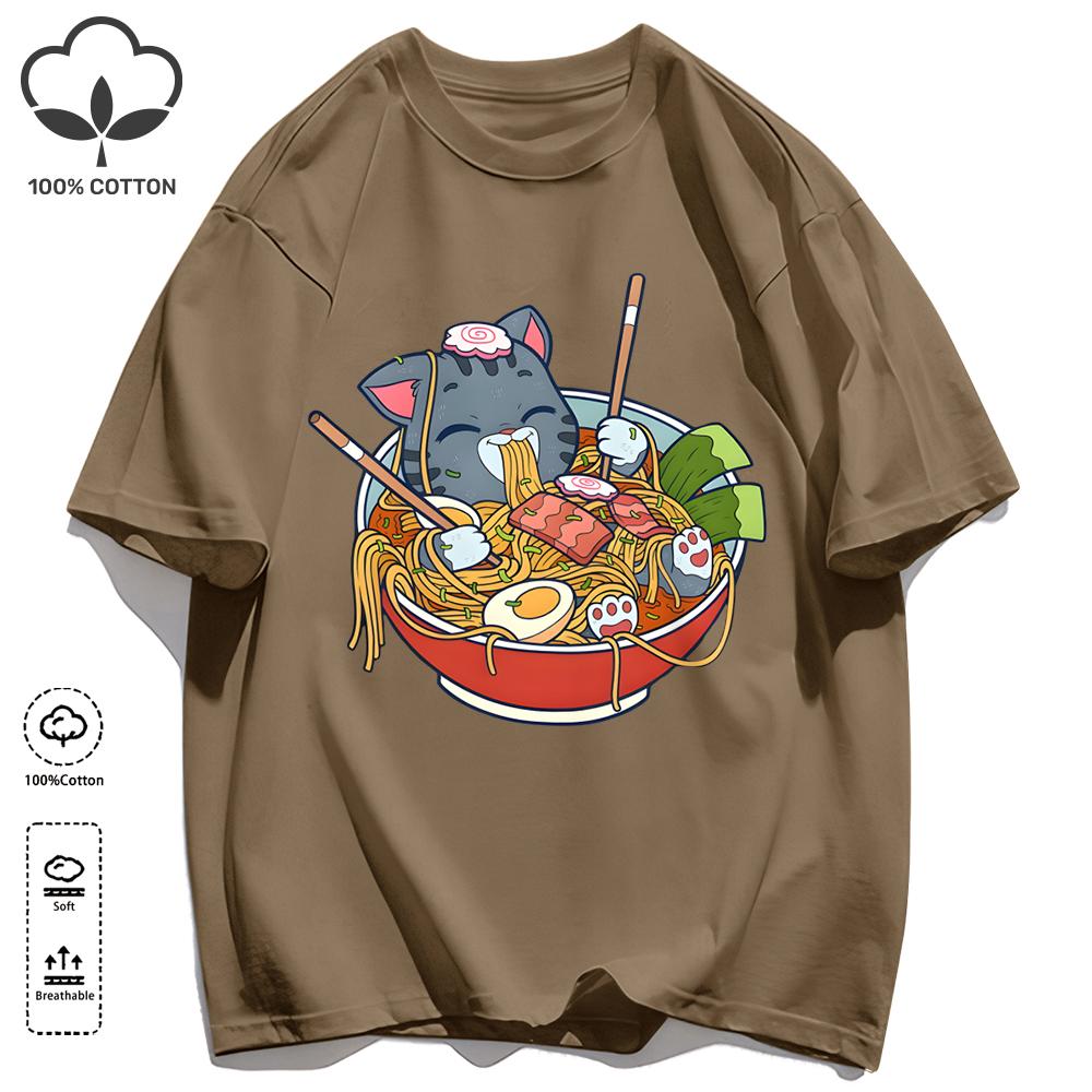 A Cat That Likes To Eat Noodles T Shirt Unisex All-Match Retro Tee Fashion Cotton Short Sleeve Unisex Summer Loose Clothing S