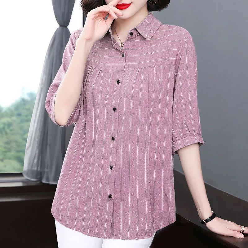 Chemise à manches cinq points en coton rayé pour femme, chemise ample à manches courtes pour mère, haut tendance pour femme d'âge moyen