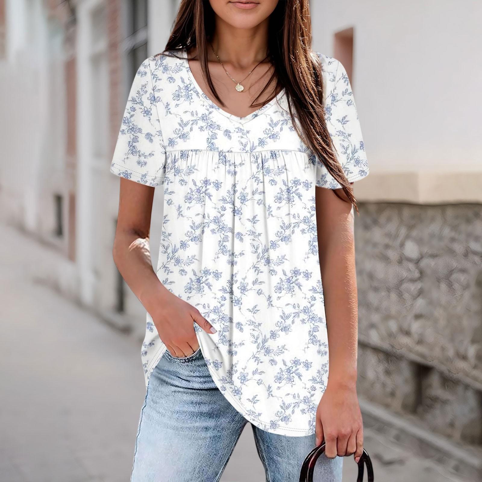 Women s Casual V-neck Short-sleeved Chest Pleated Short-sleeved Top XXL