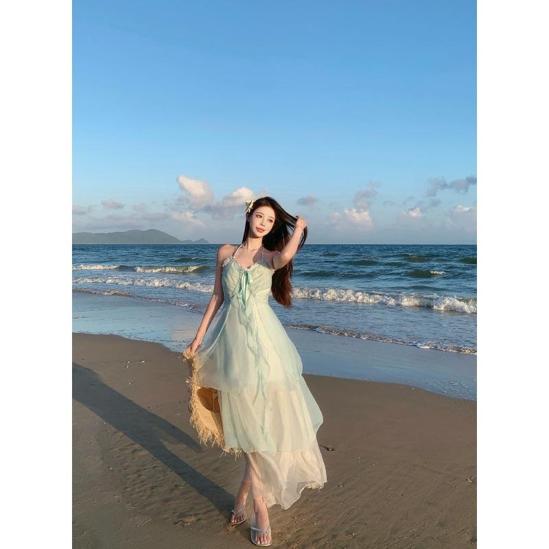 Summer Sense Seaside Photo Vacation Dress Mint Mambo Dopamine Wear Fairy Suspender Long Dress Girl S