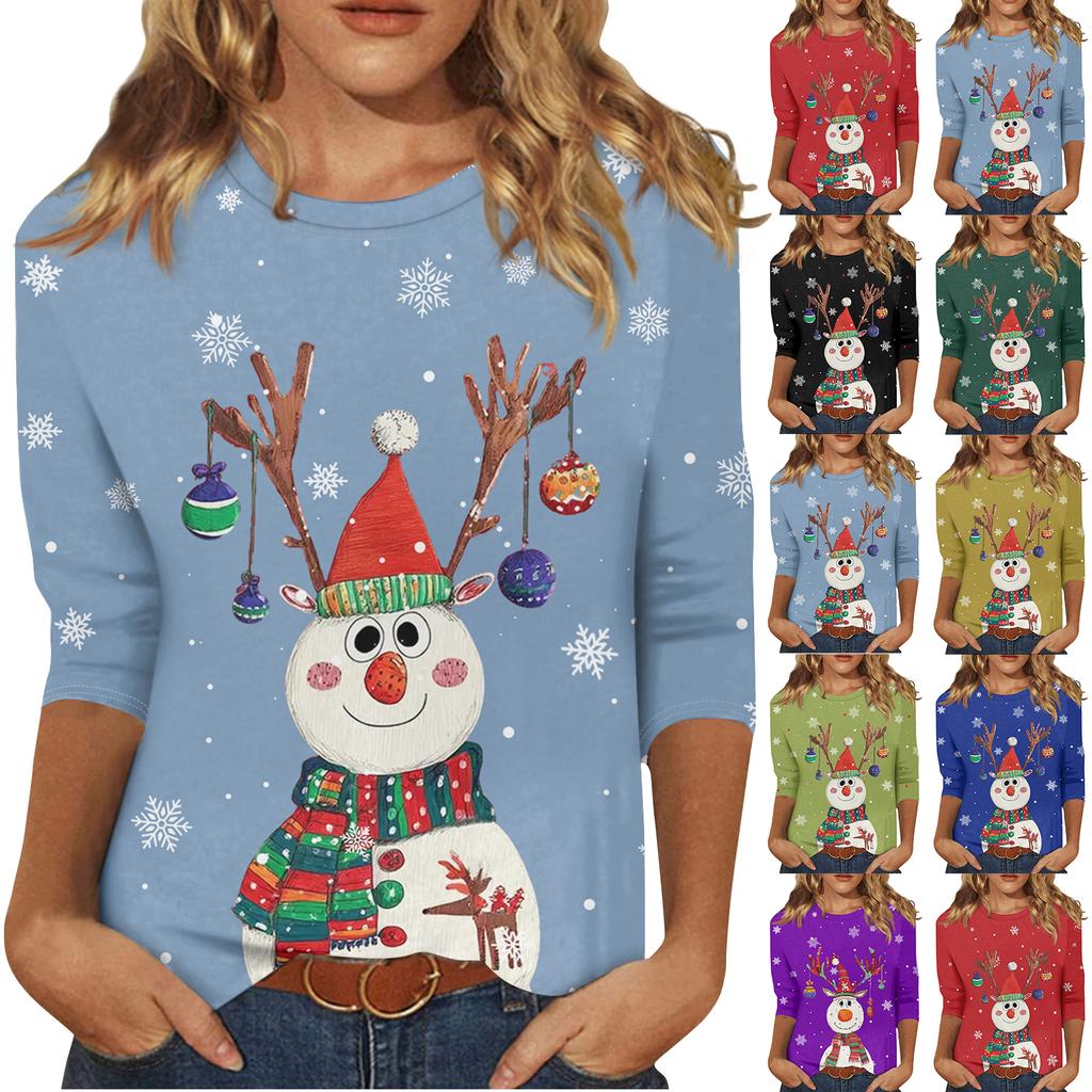 3/4 Sleeve Shirts For Women Print Christmas Tees Blouses Casual Plus Size Basic Tops Pullover