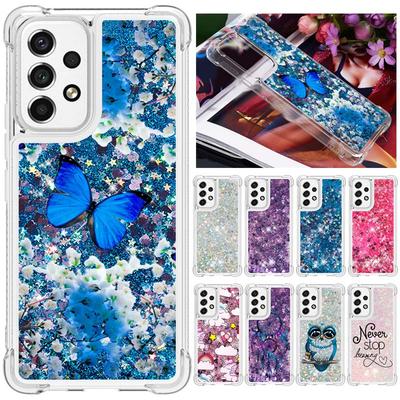 Glitter Liquid Sequins Quicksand Phone Case For Samsung Galaxy A53 A13 A23 A33 A73 5G A03s Case Cartoon Animal Shockproof Cover