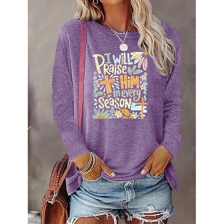 2026 New Ethnic Colorful Floral Heart Print Round Neck Long Sleeve Vintage Distressed Women Casual Long Sleeve Top S фиолетовый