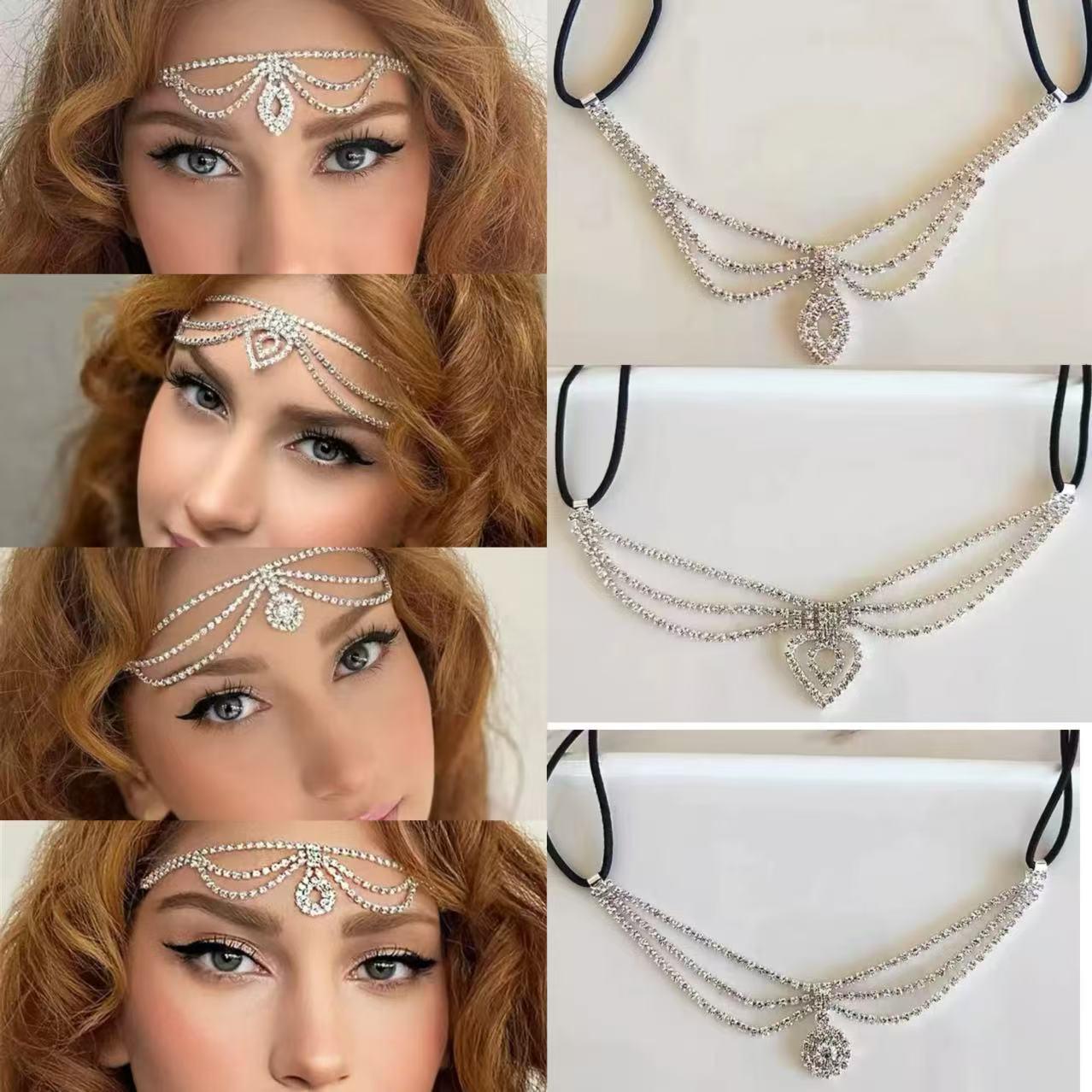 

Rhinestone Tassel Headdress with Teardrop Forehead Chain for Brides