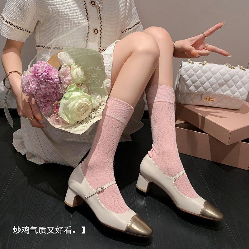 Love At a Glance~ Xiaoxiangfeng Thick-heeled Mary Jane Shoes 2025 Spring Full Leather Color Matching with Commuter Shoes