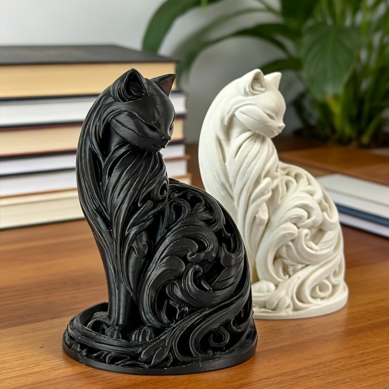 1-teiliges Ornament in Form einer schwarzen Katze, Leichter Luxus Spiral-Katzenstatue Dekoration, Realistisches Design, Hohl geschnitzt, Elegante Sitzhaltung,