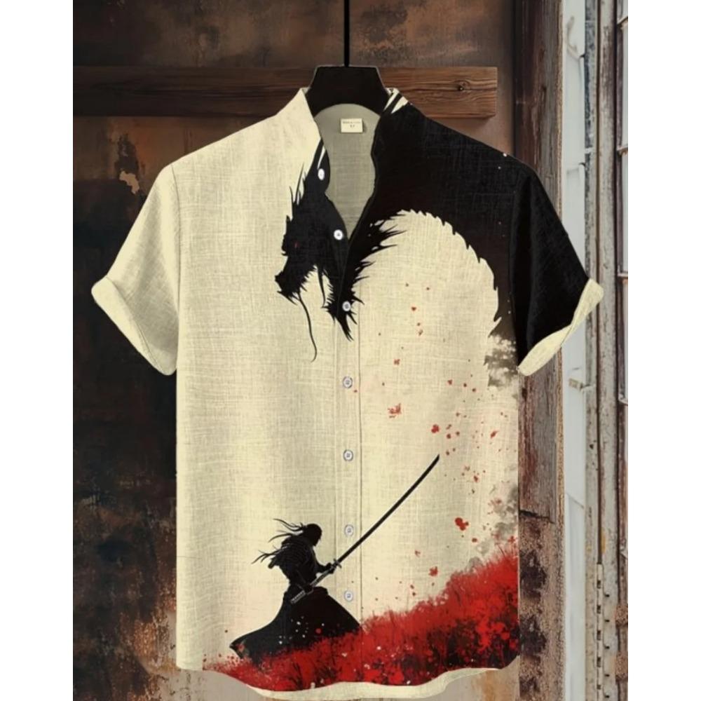 Men's Samurai Hawaiian Shirt Casual Short Sleeve Top Loose Clothing Fashion Retro Summer Shirt