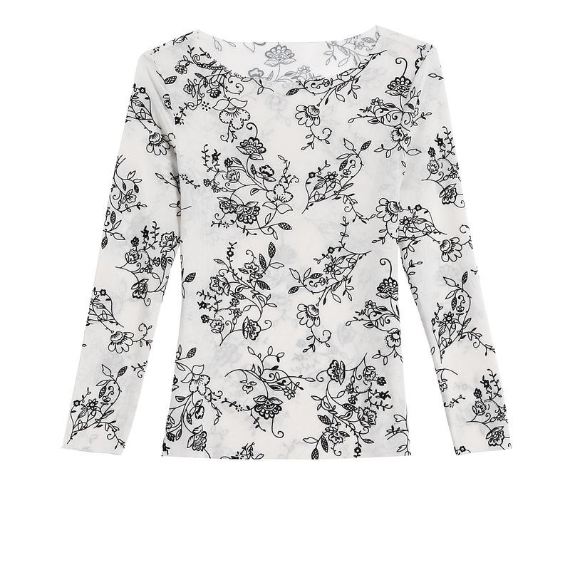 Mesh Printed Inner and Outer Bottoming Shirt for Women's Spring Korean Style Mother Pullover Black T-shirt Top