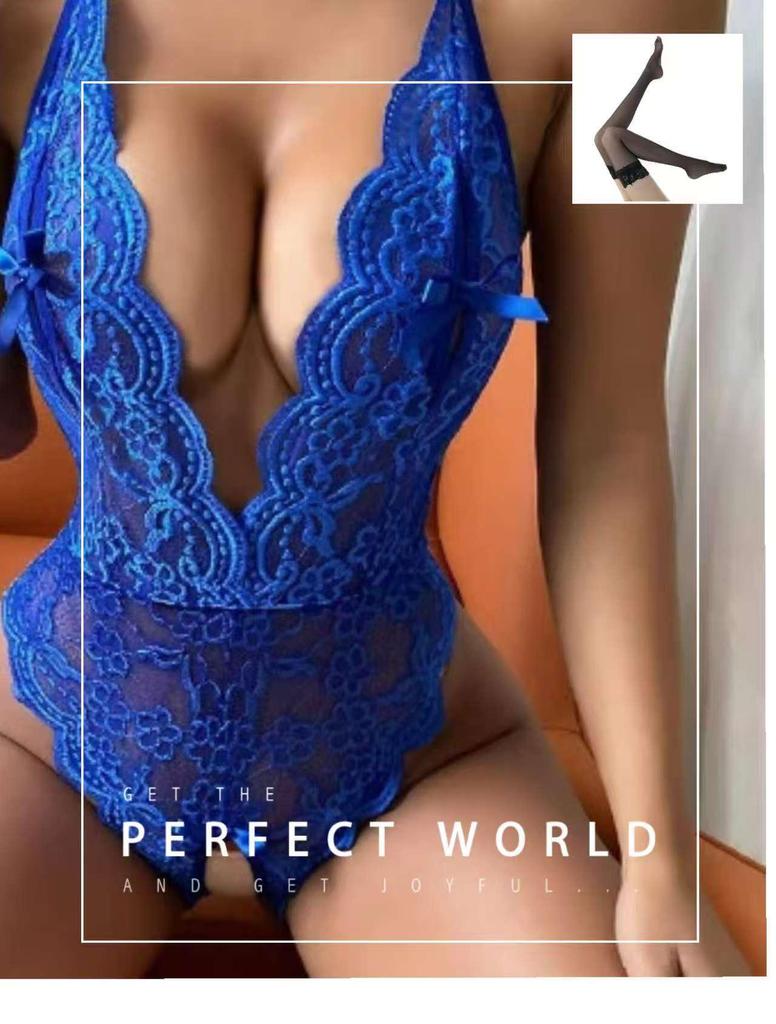 European & American Plus Size Open Crotch Lace Bodysuit - Sexy Backless Lingerie Pajamas