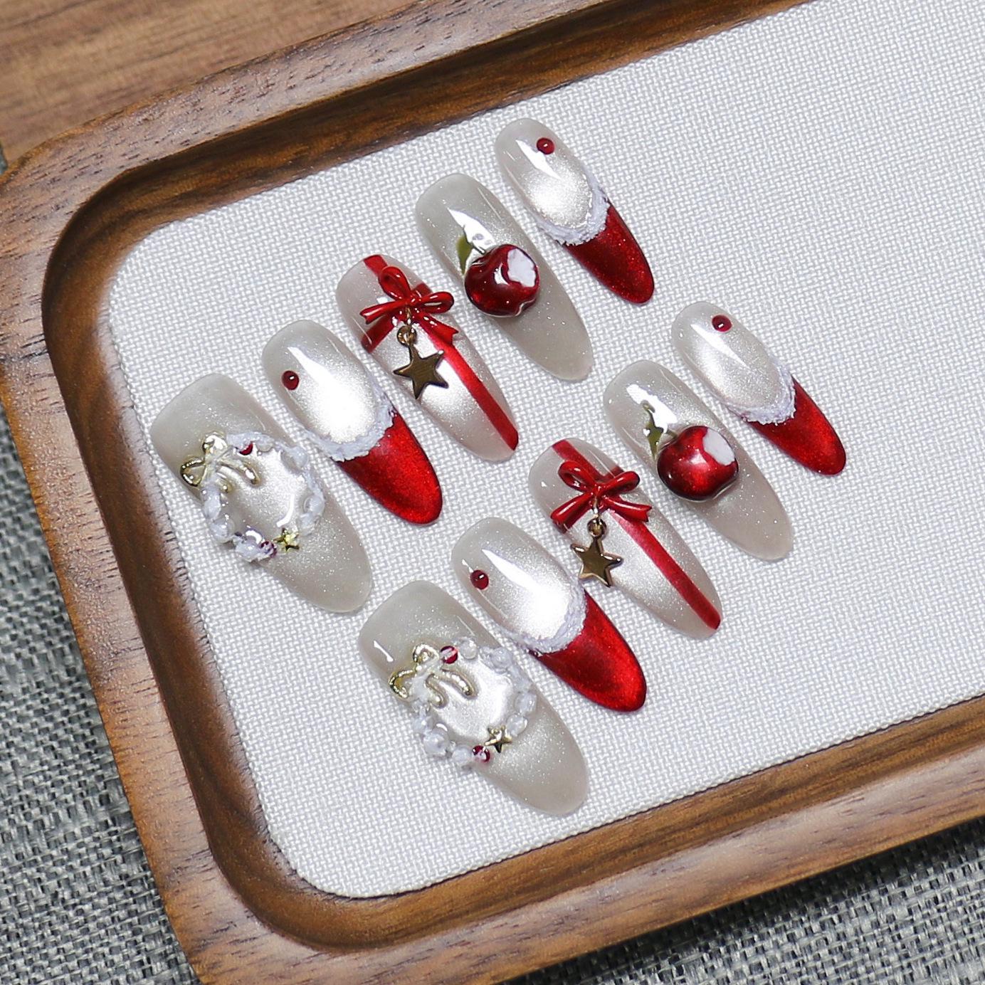 Handmade Angora Red Christmas Wreath Cat s Eye Bow False Nails Extra Small