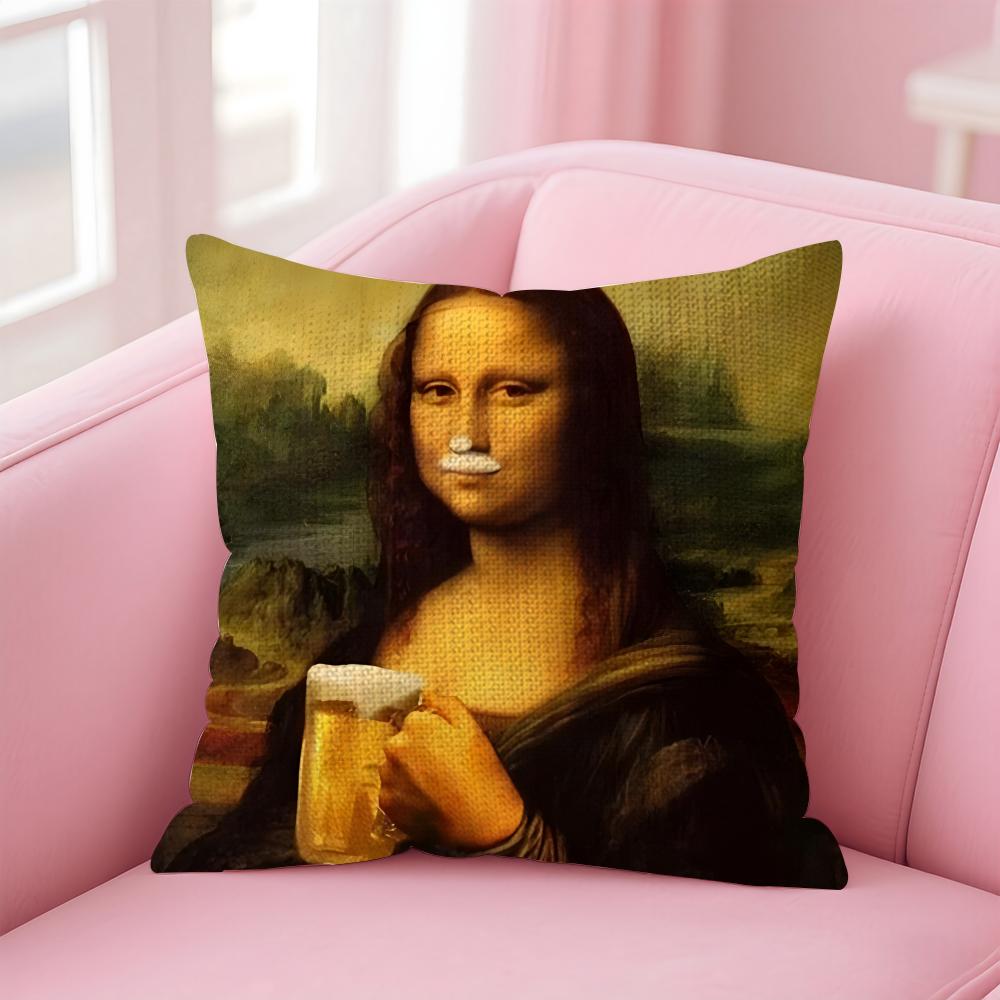 Modern Art Funny Mona Lisa Cushion Cover Natural Linen Pillow Case DoubleSided Print Decorative Sofa Pillowcase Home Decor Gift
