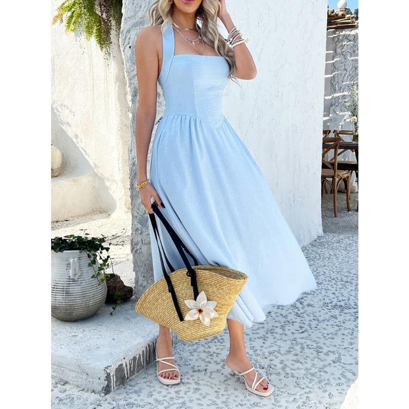Women Vacation Style Solid Color High Waist Sleeveless Hanging Neck Long Dresses