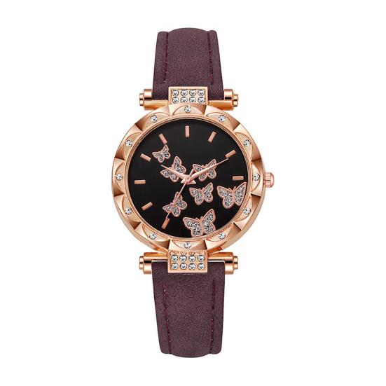 Ladies Butterfly Watch Artificial Leather Strap Quartz Watch Rhinestone Round Dial Fashionable Wristwatch for Women Party Office Date фиолетовый