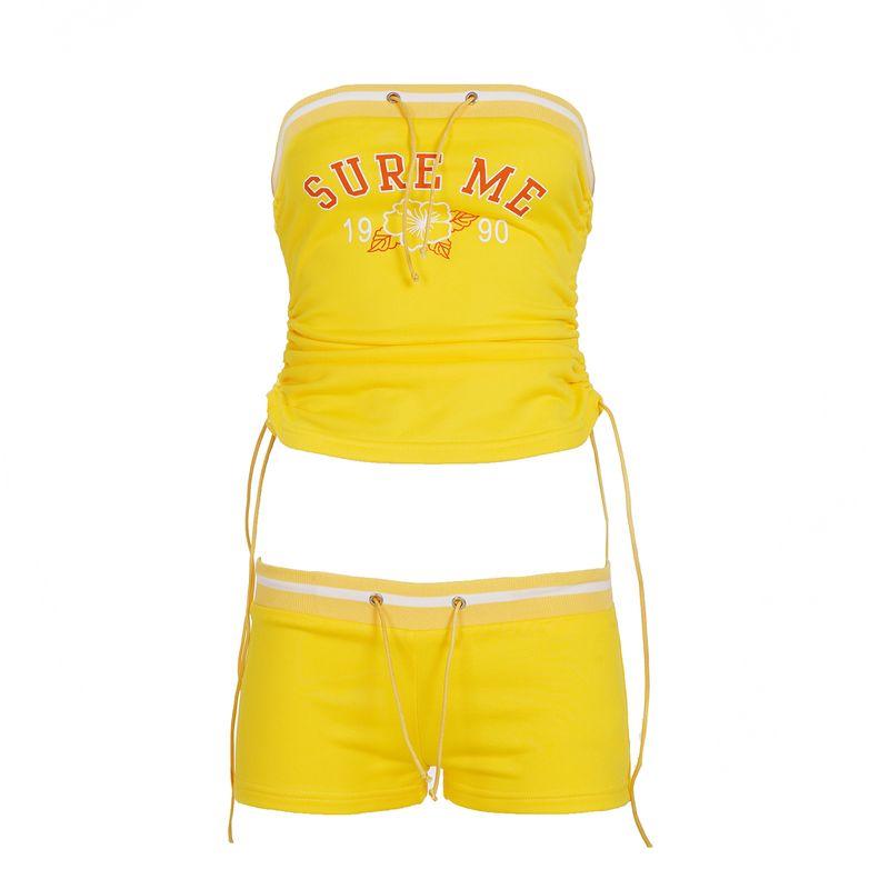 

H Home European and American Women s Clothing American Sports Style Casual Sexy Suit Letters Print Drawstring Tube Top + Shoelace Shorts Yellow L