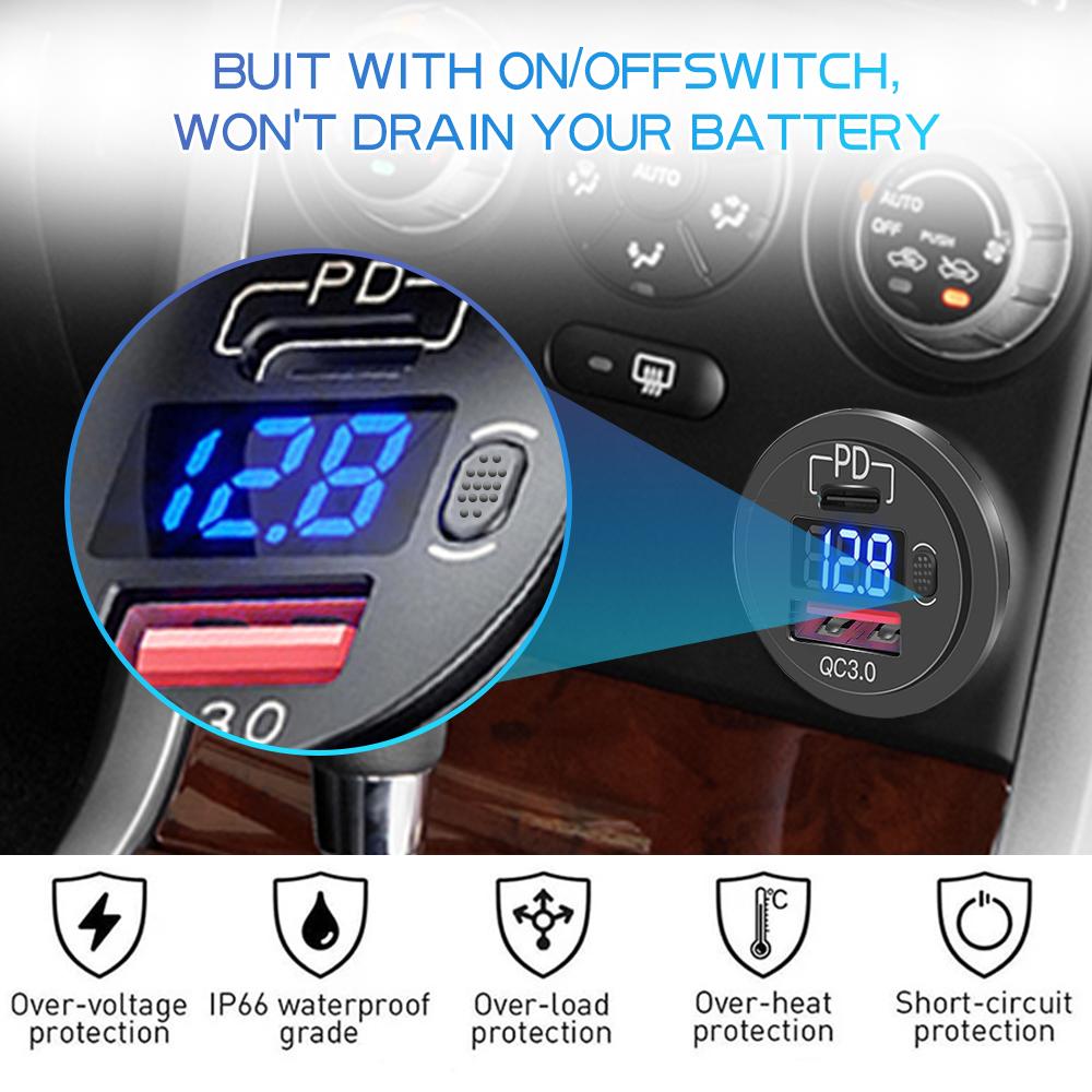 12V/24V Car Charger Socket with ON/Off Switch Voltage Display  45W PD USB QC 3.0 Fast Charger for Car Truck Boat RV Motorcycle