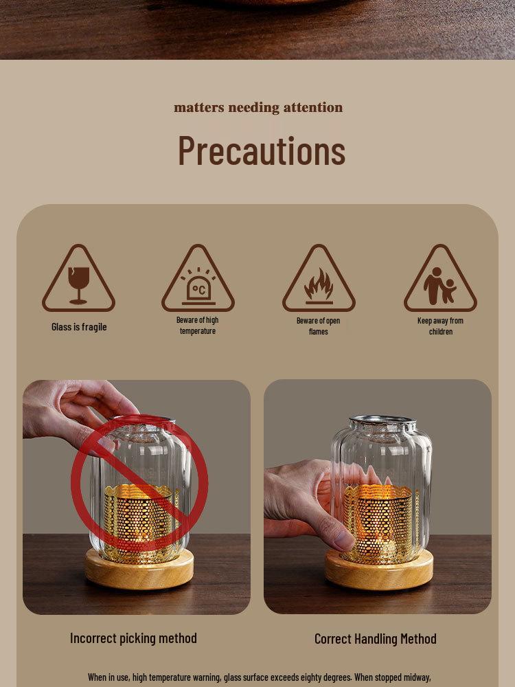 Solid Wood Glass Atmosphere Lamp & Candle Holder with High Transparency Incense Burner for Wax