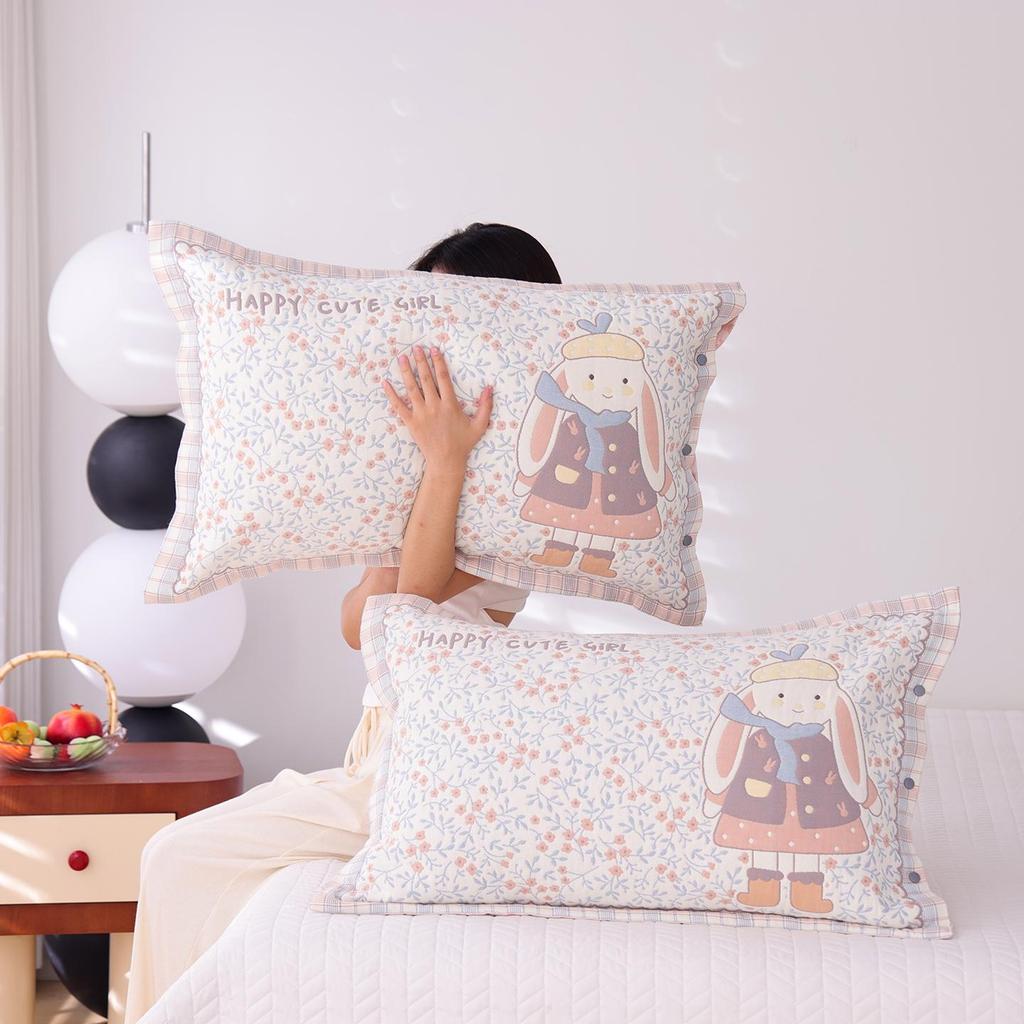 High-Density Cotton Gauze Snap Pillowcase Set - Cartoon Design, Year-Round Use, Non-Slip, Set of 2
