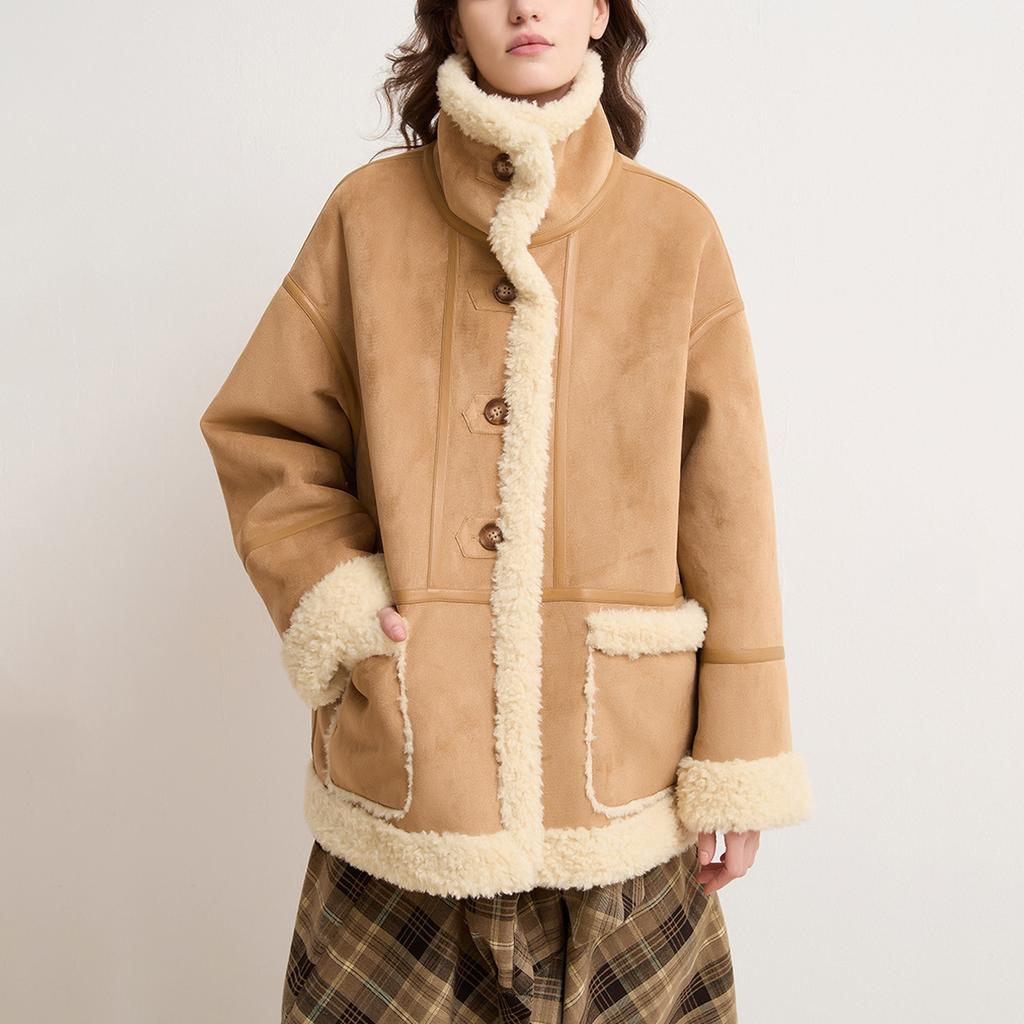 Women's Faux Suede Button Jacket Oversized Gathered Hem Short Length Coat Casual Vintage Outerwear With Pockets
