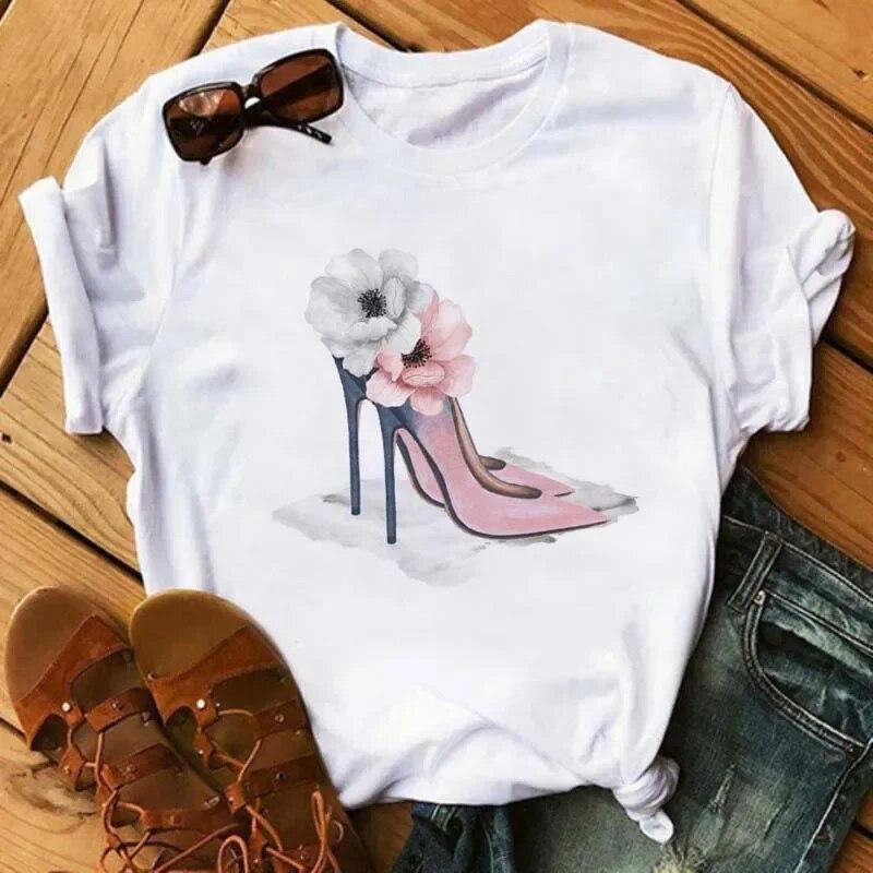Maycaur Pinke High Heels Blumen Taschendruck T-Shirt Damen Trendy Hipster Harajuk Kawaii Kurzarm Oberteile T-Shirt Femme Kleidung Unisex