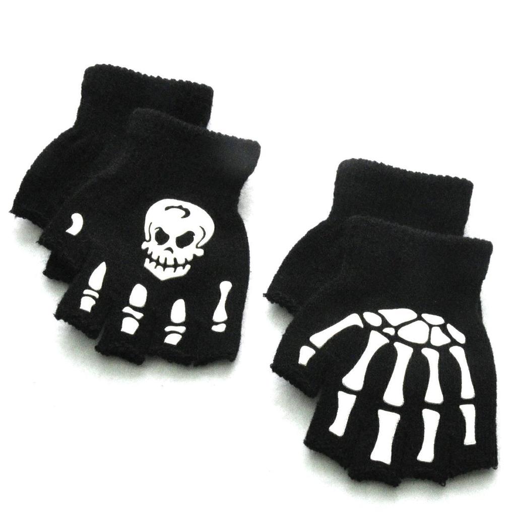 5-11 Years Unisex Halloween Skull Baby Gloves Punk Skeleton Half Finger Glove Cosplay Non-slip Wrist Children Stretch Mittens