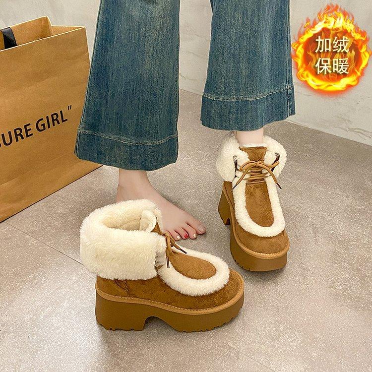 

Осень и зима 2025 новая женская удобная и модная толстая подошва танкетка круглый носок перелив шнуровка зимние ботинки короткие ботинки 40 верблюд