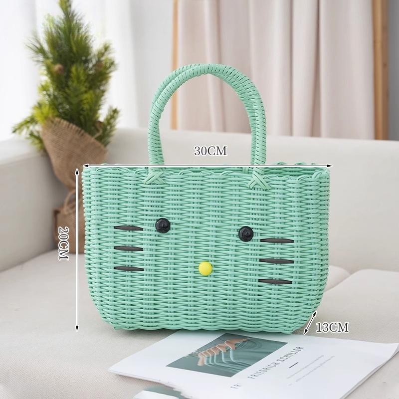 Cute Cat PVC Woven Bag Large Capacity Organizer Bath Shopping Basket Portable Baskets with Handles Beach Bag Vegetable Basket