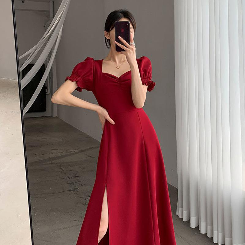 Square Neck Bubble Sleeve Split Black Dress Women's Summer New French Design Niche Long Dress