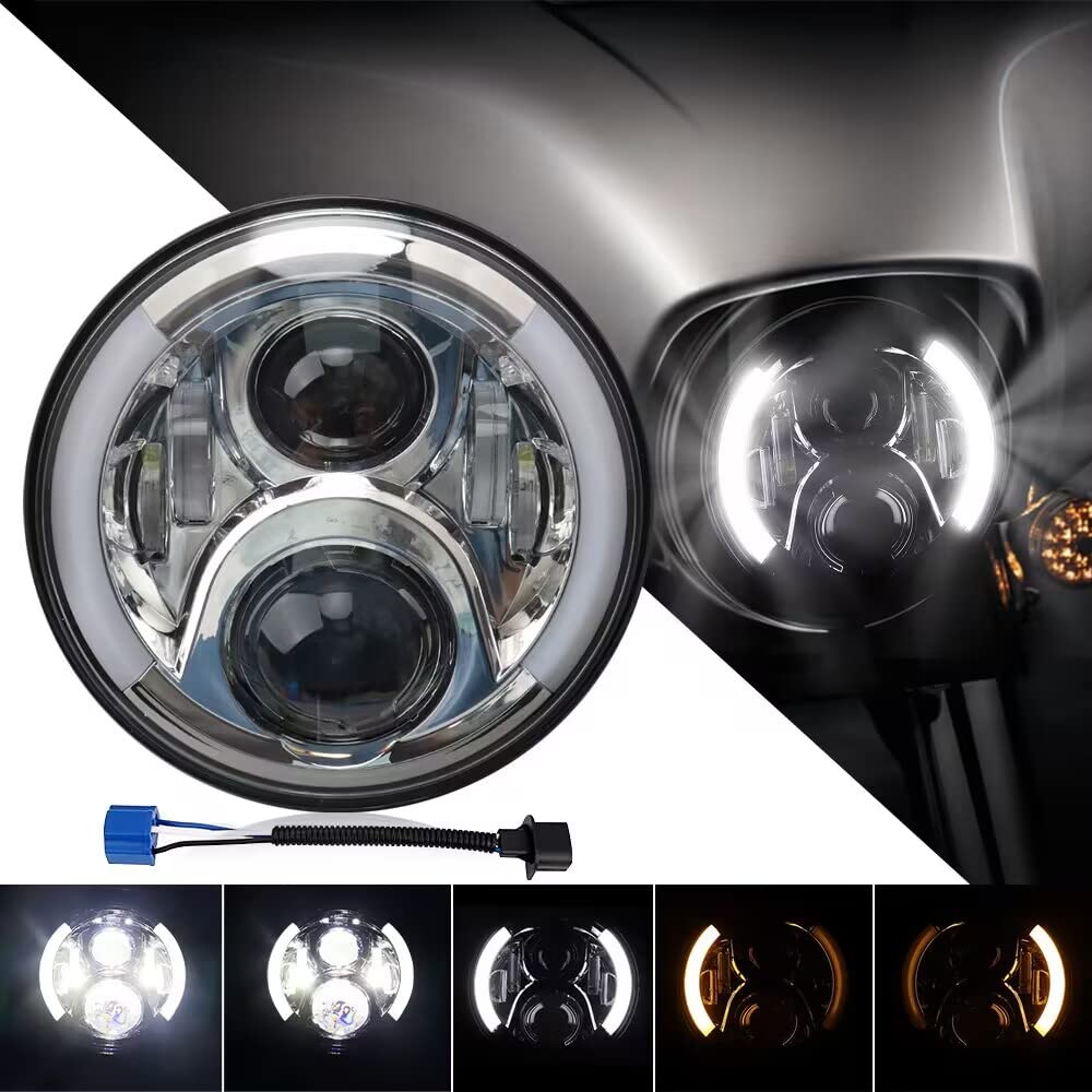 

Мотоцикл GREENBEAN с переключением луча поворота Мотоциклетная фара Harley серебристая 7-дюймовая, светодиодная, функция сигнала/ДХО, желтое/белое кольцо, тип HI/Lo,