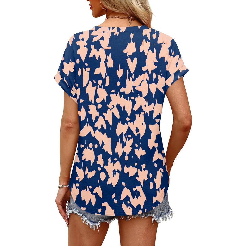 Dámský módní ležérní krátkorukávový svetr s výstřihem do V, na knoflíky, s potiskem