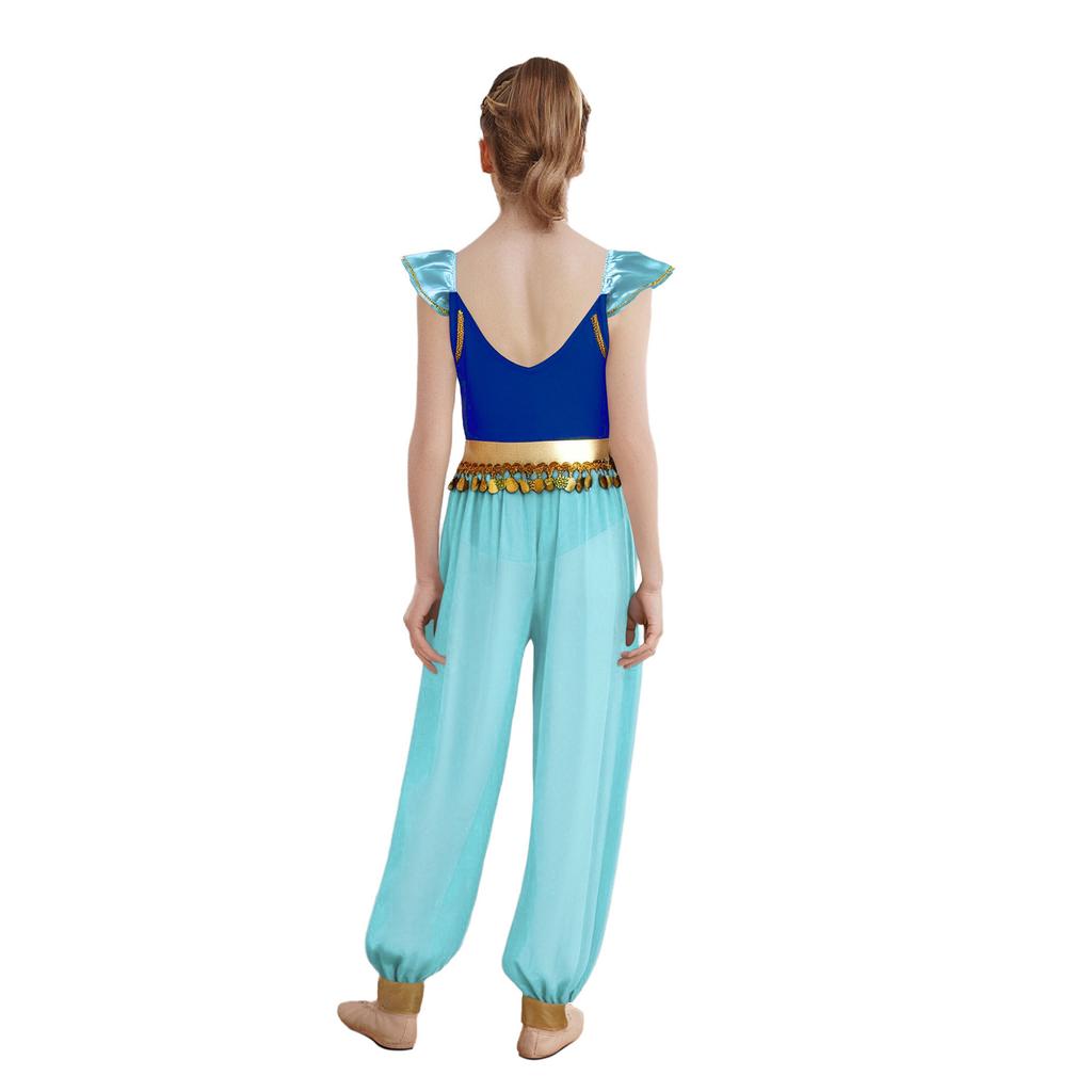 Girl Arabian Princess Costume Patchwork Flying Sleeves Rhinestone Sequins Tassels Side Slit Chiffon Pants