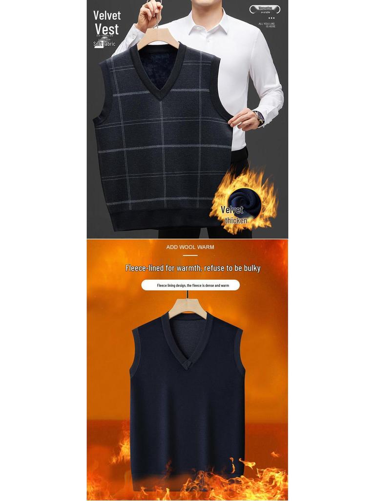 Dad's Fleece-Lined Sweater Vest: Warm Knitted Base Layer for Middle-aged and Elderly Men in Autumn and Winter.