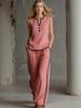 Summer Sleeveless V-Neck  Black Trim Color Block, Simple and Elegant; Wide Leg Pants Style, High-Rise Slim Fit