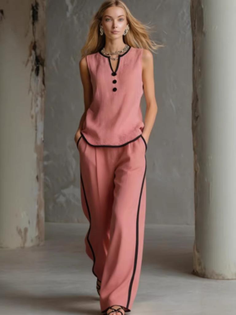 Summer Sleeveless V-Neck  Black Trim Color Block, Simple and Elegant; Wide Leg Pants Style, High-Rise Slim Fit
