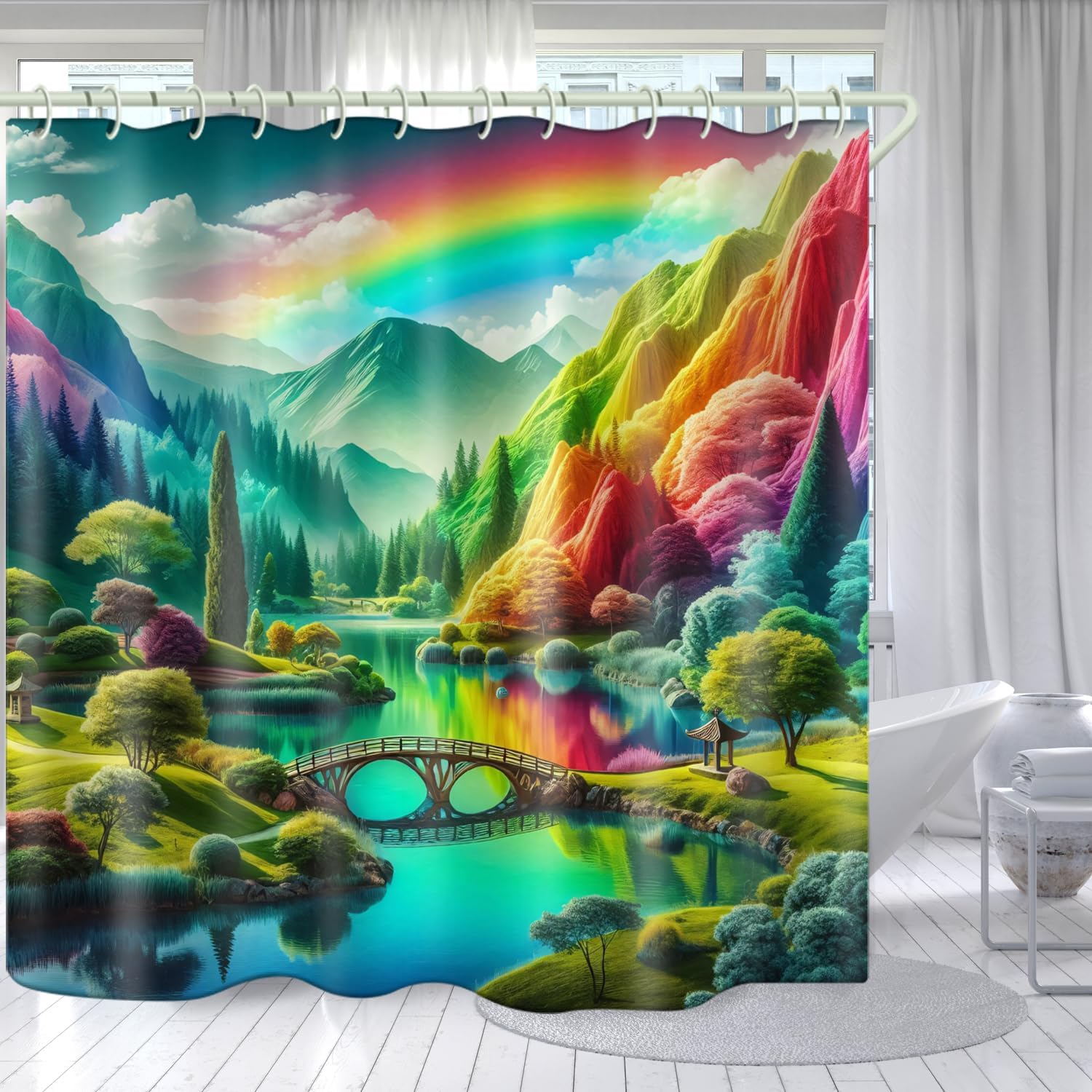 

Bright Fabric Art Shower Curtain, Colorful Mountain Theme, 72 W X 72 L, Waterproof, 12 Hooks W60H190(CM)-1 Pcs