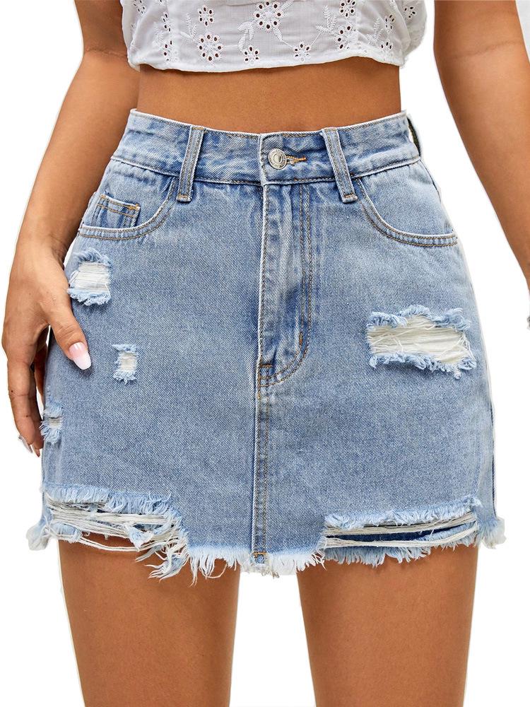 European & American Style Raw Hem Ripped Denim A-line Skort for Women
