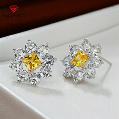 Bright Yellow Flower Earrings Luxury Inlaid Shiny Cubic Zirconia Fashion Stud Earrings for Party Jewelry Exquisite Gift