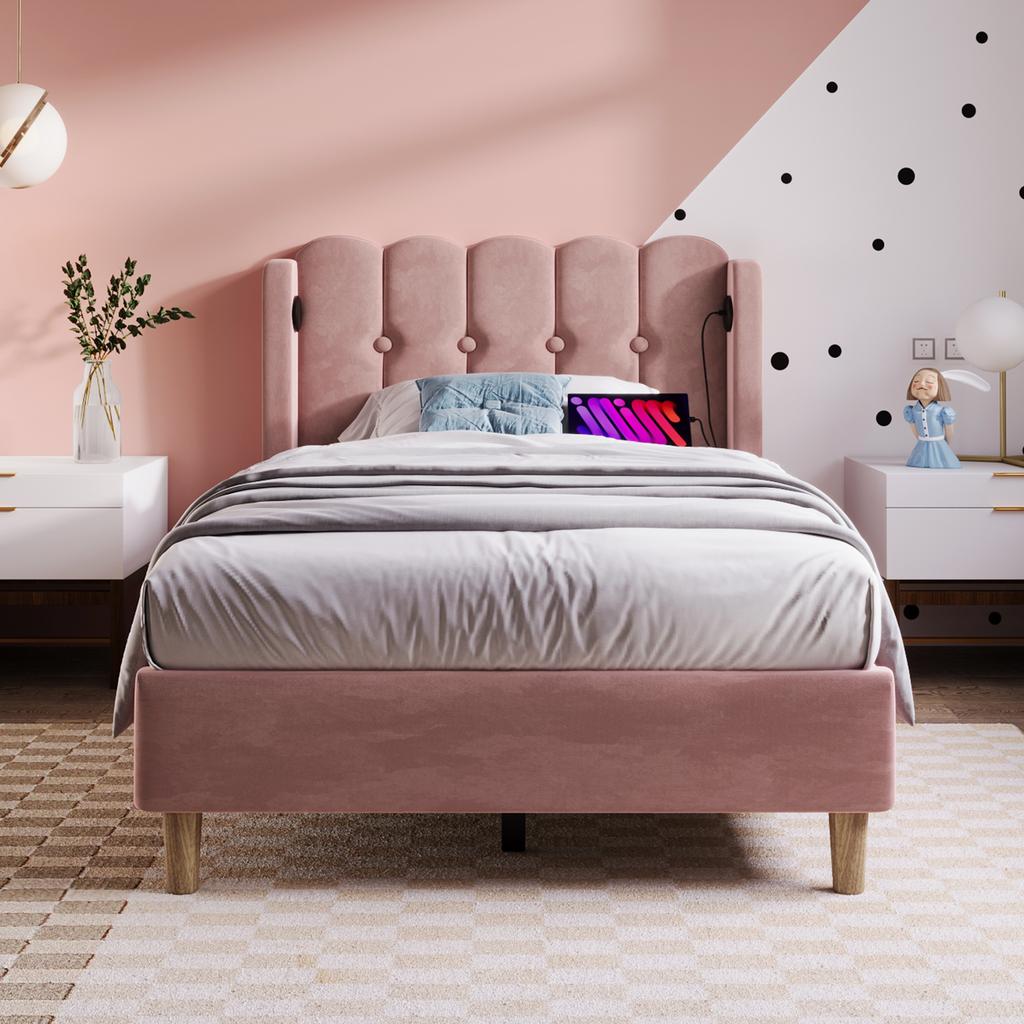 Upholstered Bed Single Bed with USB Type C Charging Function, Bed Frame with Slatted Frame, in Pink, 90 x 200 cm Youth Bed - Velvet (With Mattress)