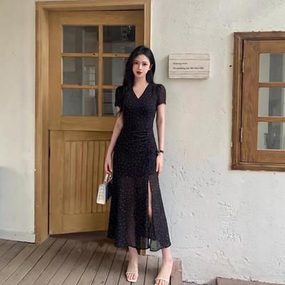 2026 French Style Elegant Black Polka Dot V-Neck Slit Dress with Drawstring Waist - Women's Slimming Little Black Dress
