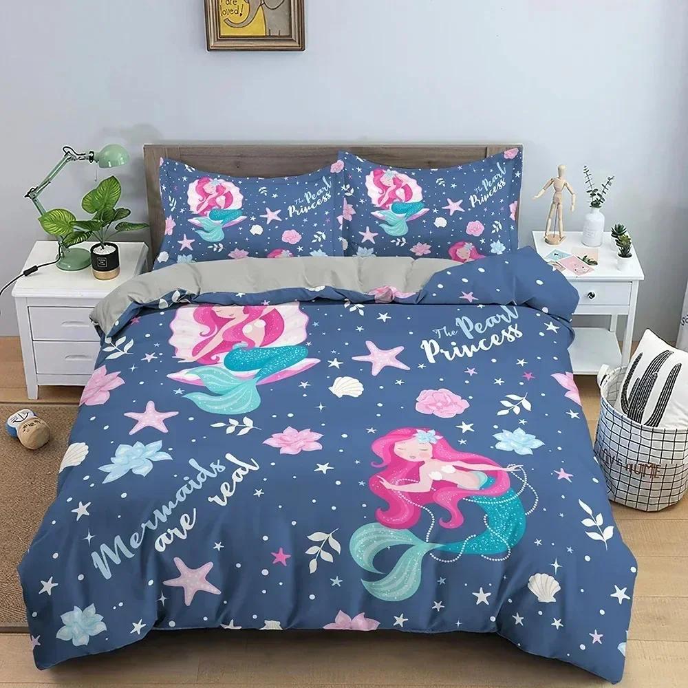 Cartoon Mermaid Pattern Duvet Cover Set Children Bedroom Decor Mermaid Bedding Set For Kids Single Twin Double Size Kids Gifts