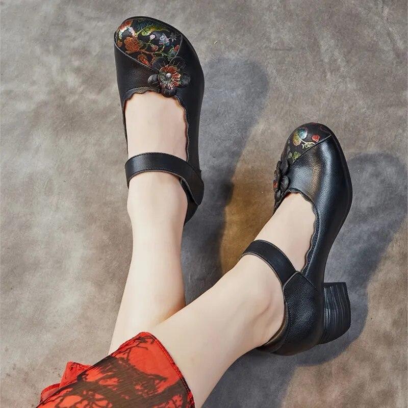 Johnature Etninio stiliaus natūralios odos marginti moteriški batai retro apvalūs pirštai stori kulnai minkšto pado pompos