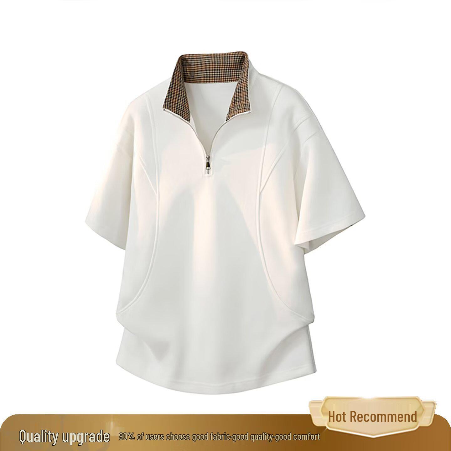 Men s Summer Retro Plaid Half-Zip Lapel Short-Sleeve Casual Top XXXL
